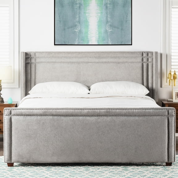 Wingback King Bed With Gray Upholstery, - , Led Lighting, For Multiple Settings Illumination, Outdoor Areas