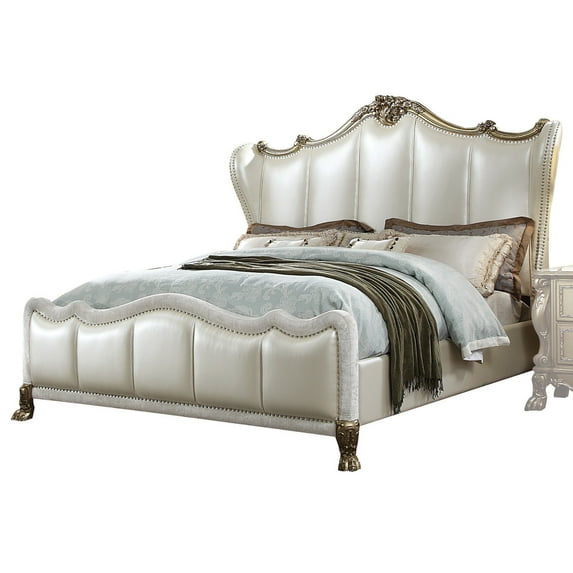 Wingback Leatherette Queen Bed with Crown Top and Nailhead Trim, White