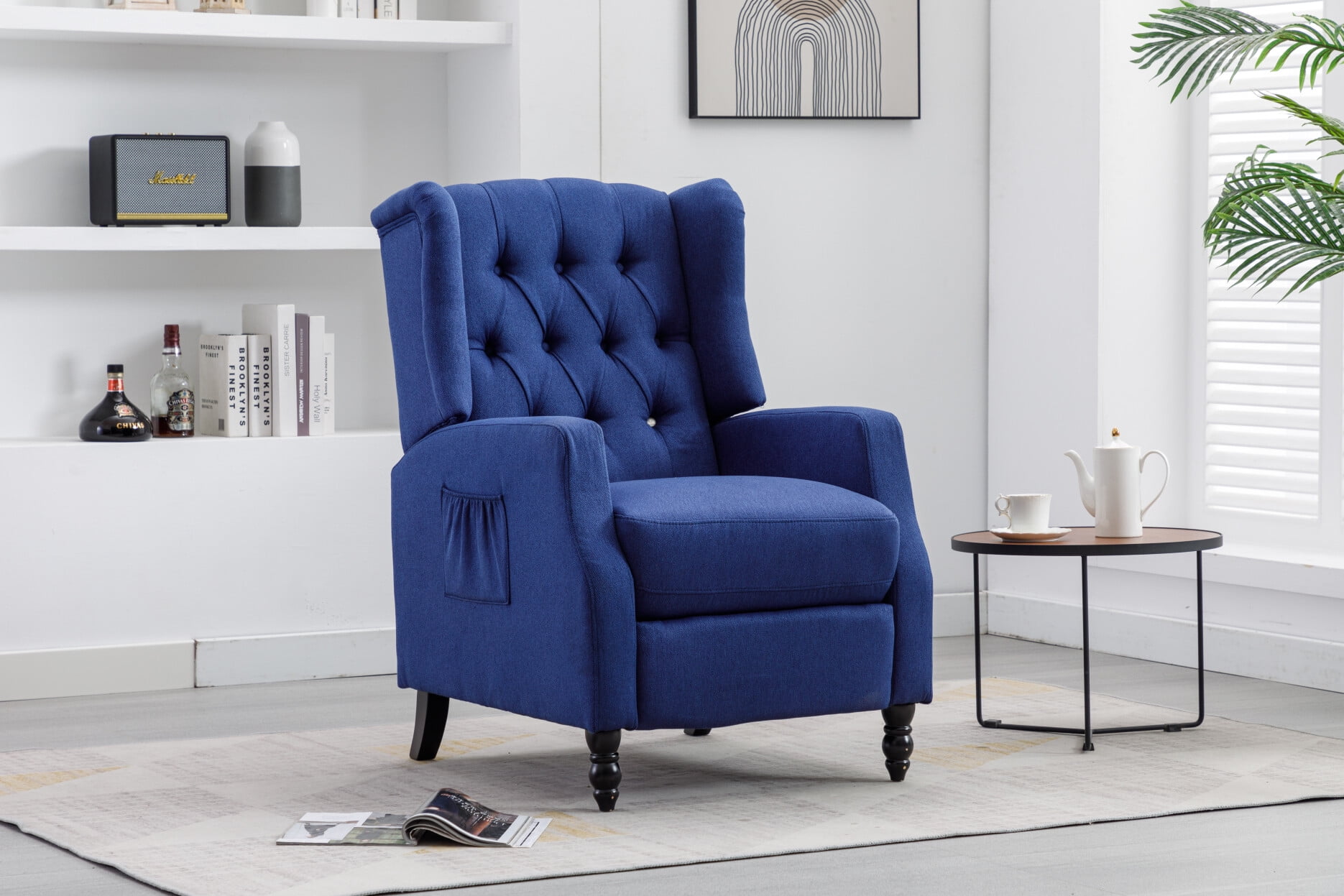 Wingback Recliner Chair Linen Fabric Upholstered Armchair with Adjustable Button Tufted Backrest and Side Pocket, Single Sofa Chair Reading Accent Chair for  Living Room Bedroom, Navy