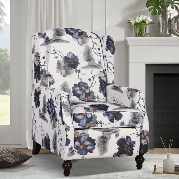 Wingback Recliner Chair - Tufted Arm Chair Recliner - Fabric Push Back Single Sofa for Living Room Adjustable Backrest (Blue Floral)