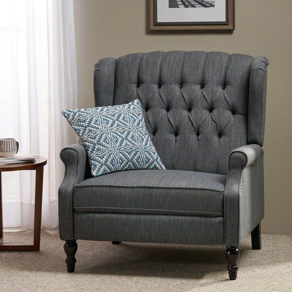 Wingback Recliner In Charcoal - Button Back, Reclining, Spacious And Soft Comfortable Manual With Back
