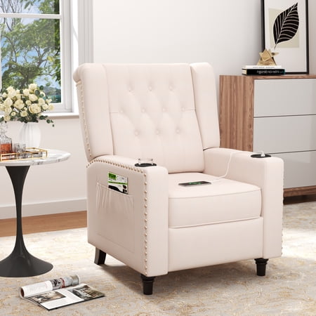 Wingback Recliner Tufted Reclining Arm Chair Sofa with USB Charging,Beige