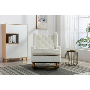 Wingback Rocking Chair with Side Pocket, Modern Upholstered Accent Chair with Arms and Solid Wood Base, Mid-Century Button Tufted Nursery Glider Rocker Armchair for Nursery Living Room, White Teddy