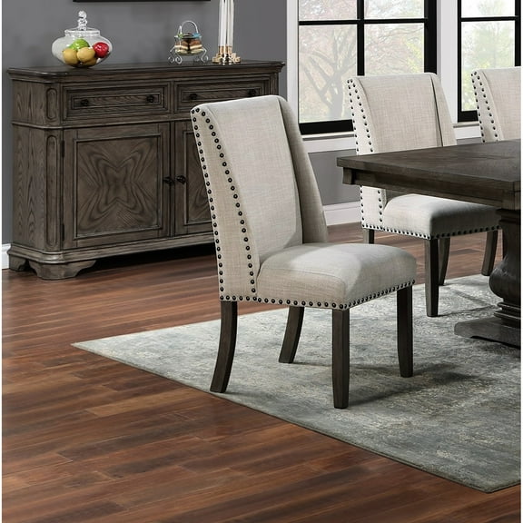 Wingback Style Dining Chairs Of 2, Upholstered Seat, Oak Finish And Charming Bronze Nailhead Trim In Fabric, With