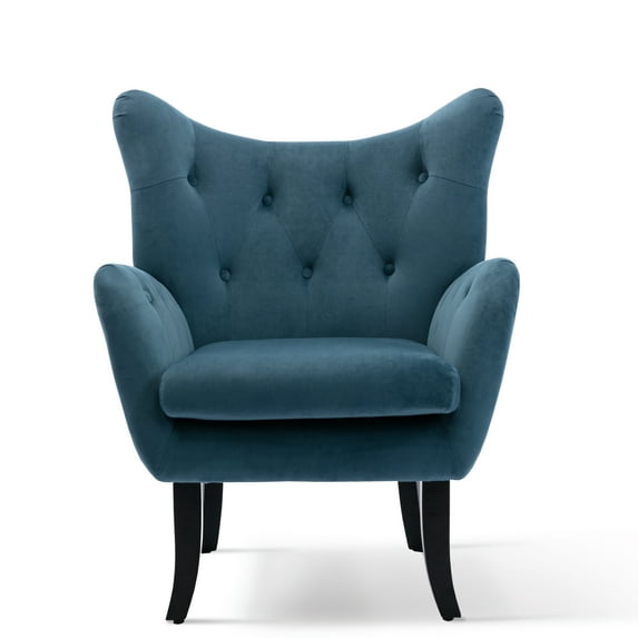 Wingback Upholstered Accent Chair Tufted Button Armchair Velvet - Modern Accent Vanity Chair for Living Room Bedroom Lounge - Mid Back Velvet Fabric Club Chair - Teal Blue