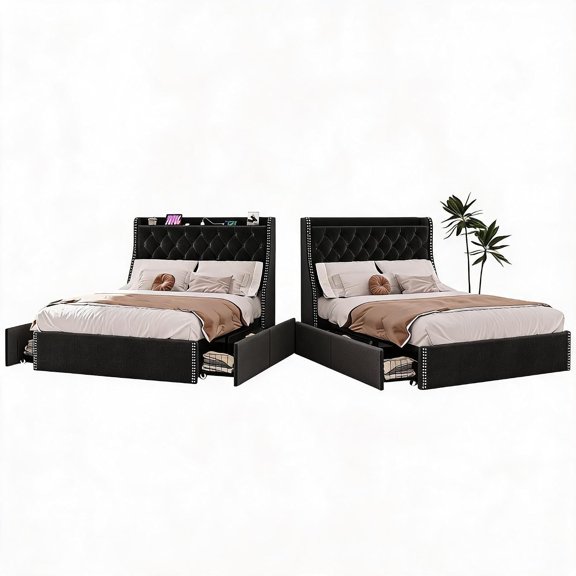 Wingback Upholstered Bed Frame with 4 Drawers, USB Type-C Charging Full Size, 4 Smooth-Glide Drawers, 2 AC + 1 USB + 1 Type-C Ports, 1000 lb Capacity, No Box Spring Needed, Easy Assembly