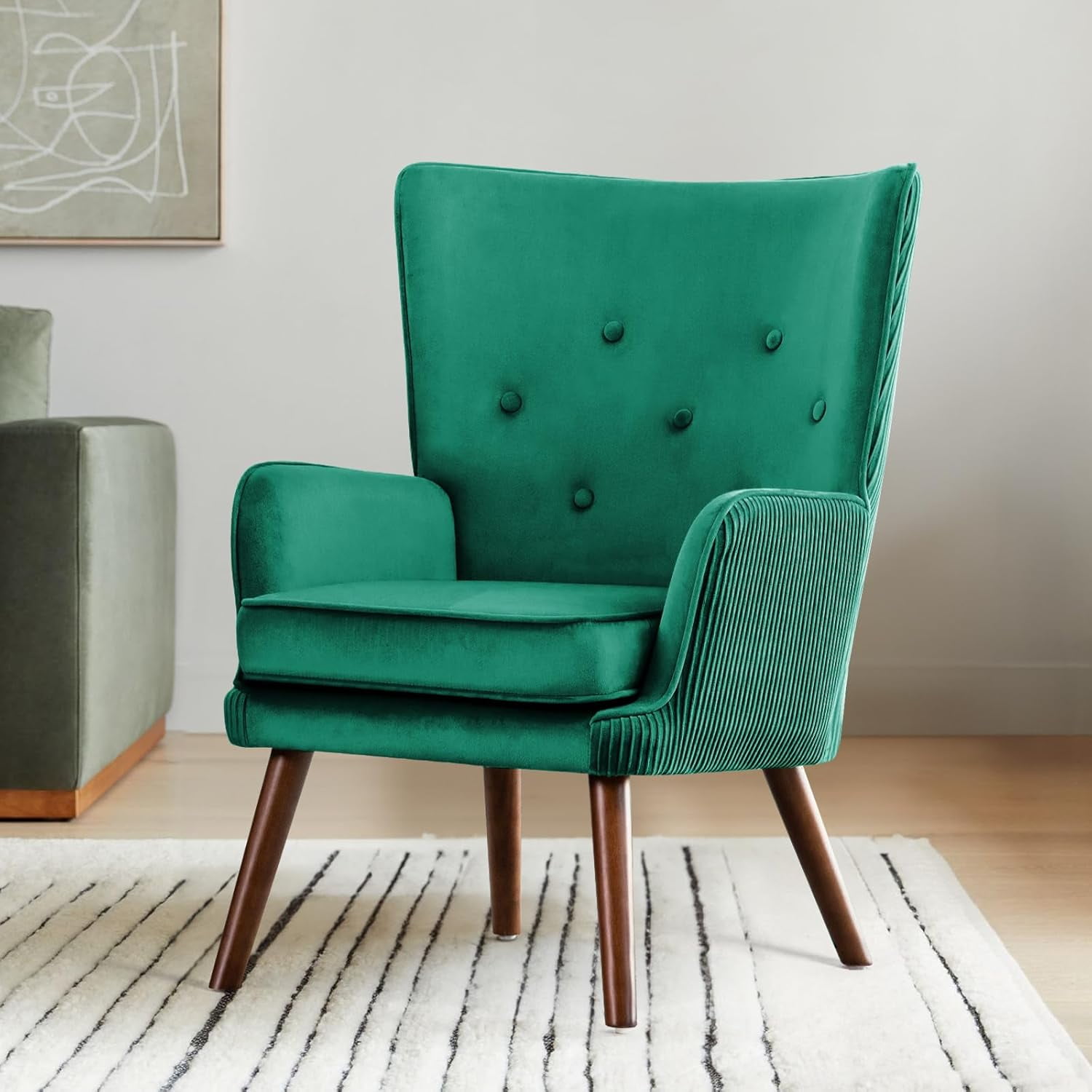 Wingback Velvet Accent Chairs, Mid Century Modern Arm Chair Tufted
