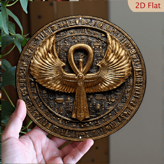 "Winged Ankh" Ancient Egyptian Symbol Wall Art Decor, Mysticism, 8" Round Aluminum Metal Sign For Kitchen, Door, Office, Bedroom Decor, Best Gifts For Room, Home, Bathroom Decor, Weird Decor, 2D Flat