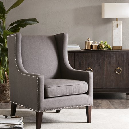 Winged Armrest Chair, Finish, Dark Gray Fabric Chair With Tight Back, Fabric, Strong Wood Frame
