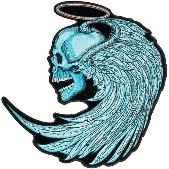 Winged Blue Angel Skull & Halo Patch, Large Size