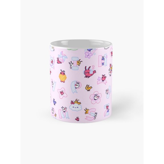 Winged Cartoon Creatures with Clouds and Bows Coffee Mug, 11oz Ceramic, Pink and Light Blue Wrap-Around Art