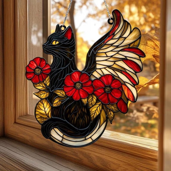 Winged Cat Acrylic Suncatcher  Red Poppy Flowers Faux Stained Glass Acrylic Window Hanging Gift For Cat Lovers And Fantasy Decor