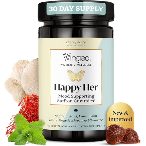 Winged Wellness Happy Her Mood Gummies - Daily Mood Enhancer Support Supplement for Women - Vitamin D with Saffron, Lemon Balm, & Lions Mane Mushrooms for Balance & Calming Relief - 50 Vegan Gummies