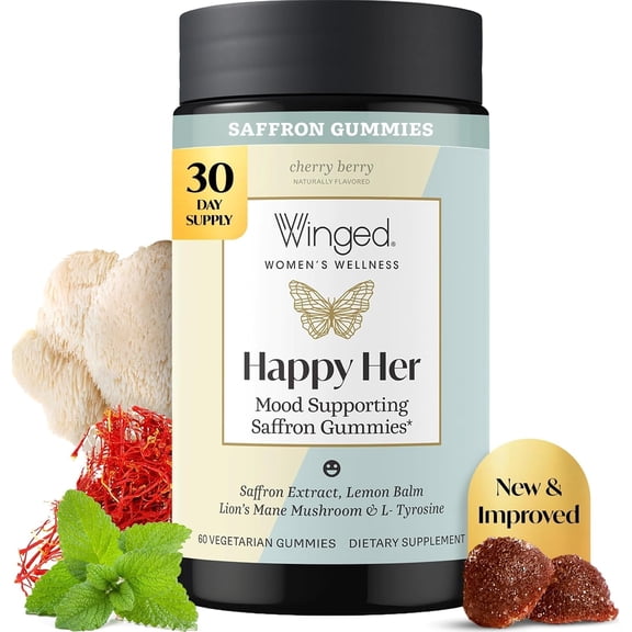 Winged Wellness Happy Her Mood Gummies - Daily Mood Enhancer Support Supplement for Women - Vitamin D with Saffron, Lemon Balm, & Lions Mane Mushrooms for Balance & Calming Relief - 50 Vegan Gummies