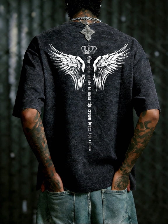 Winged Crown Graphic Vintage Oversized Washed High Street Grunge Y2K Short Sleeve Crewneck Cotton Unisex Men's Women's Tee Shirt