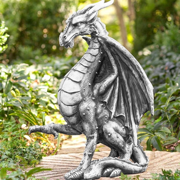 Winged Dragon Resin Statue, Stone Finish Dragon Sculpture, Weather Resistant Mythical Creature Figurine for Indoor Outdoor Yard Lawn Patio Courtyard Home Decor