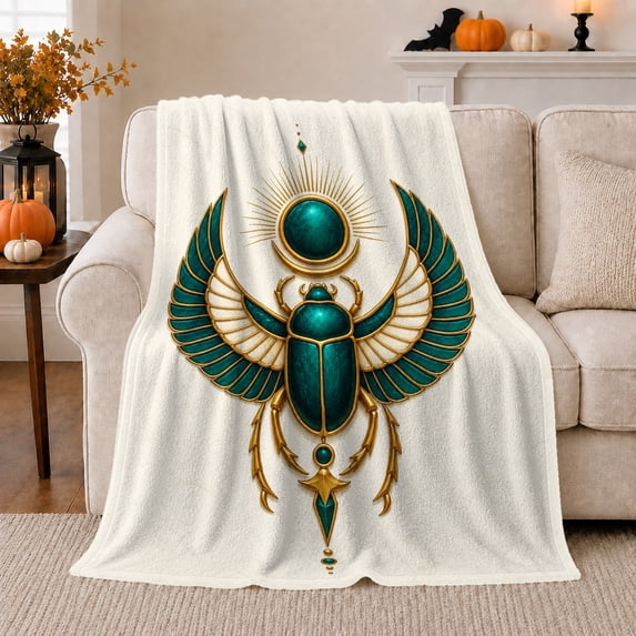 Winged Egyptian Scarab with Teal Jewel Circle, Regal Ancient Symbol Pattern for History Lovers, Birthday Gift, Soft Flannel Blanket for Bedroom and Home Library, Elegant Home Decor