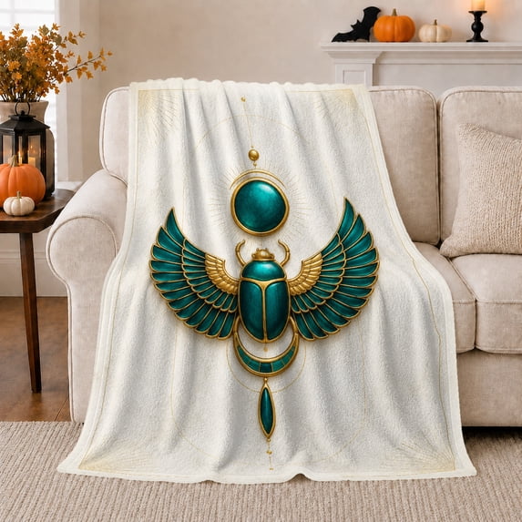 Winged Egyptian Scarab with Teal Orb and Gold Accents, Regal Ancient Symbol Motif for History Lovers, Birthday Gift, Cozy Flannel Blanket for Bedroom and Study Room, Elegant Home Decor