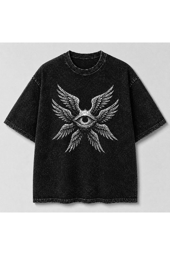Winged Eye Graphic Mineral Wash T-Shirt, Unisex Cotton Washed Tee