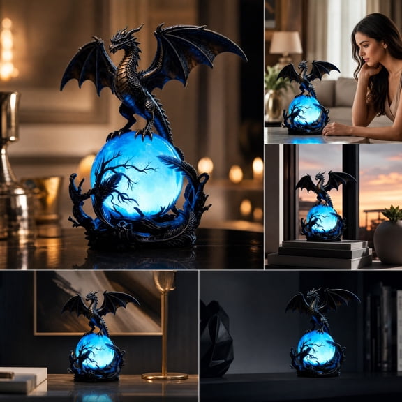 Winged Gargoyle Resin Statue Night Light, Medieval Gothic Sculpture with Illuminated Blue Sphere, Antique Finished Tabletop Lamp for Bedroom Game Room Desk Collection Display
