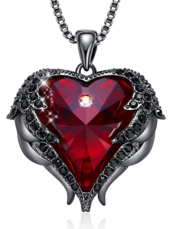Winged Heart Crystal Pendant Necklace, Black Plated Gothic Heart Necklace with Multi-Color Gemstones, Women’s Romantic Jewelry Gift