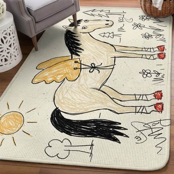 Winged Horse Area Rugs for Living Room 5x6, Playful Hand Drawn Doodle Sun Pine Trees Wildflower Washable Area Rug Non Slip, Stain Resist Linen Carpet for Bedroom, Dining Room, Entryway, Entrance
