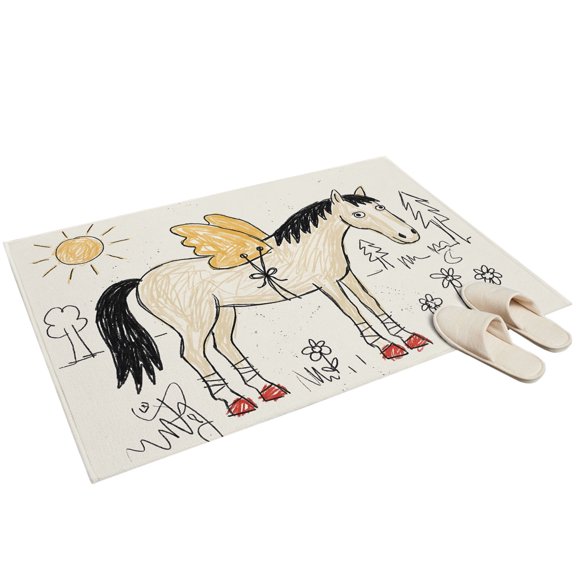 Winged Horse Area Rug 2x3ft Playful Hand Drawn Doodle Sun Pine Trees Wildflower Non-Slip Washable Rectangle Rugs Soft Felt Indoor Floor Mat for Bedroom Kitchen Living Room Bathroom