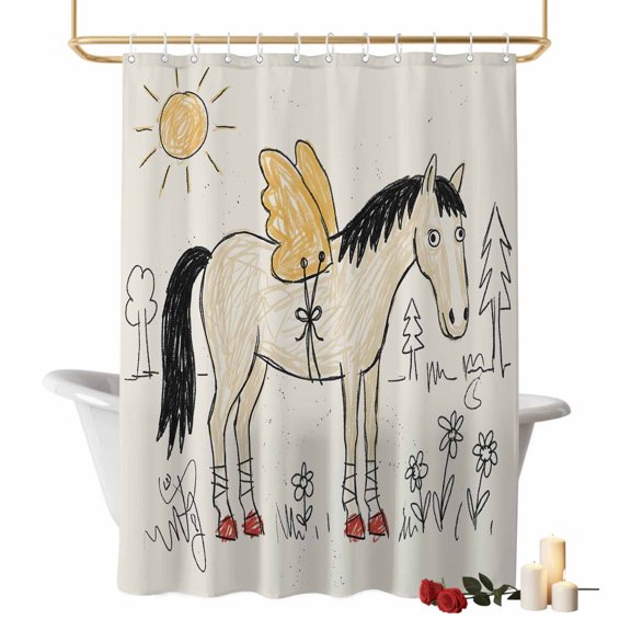 Winged Horse Bathroom Shower Curtains with Hooks, Playful Hand Drawn Doodle Sun Pine Trees Wildflower Waterproof Fabric Washable Shower Curtain for Home Hotel Bathtub Decor 36x72 Inch