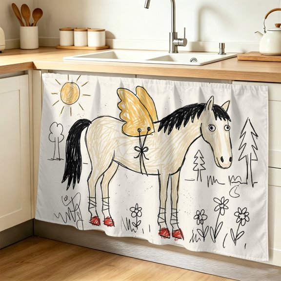 Winged Horse Cabinet Curtain, Playful Hand Drawn Doodle Sun Pine Trees Wildflower Sink Skirt for Bathroom, Under Sink shelf Curtain Privacy Drape for Kitchen Laundry Room 28x51in