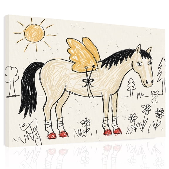 Winged Horse Canvas Print Wall Art Playful Hand Drawn Doodle Sun Pine Trees Wildflower Wall Decor Modern Artwork Paintings Pictures for Living Room Stretched and Framed Ready to Hang - 24" x 32"