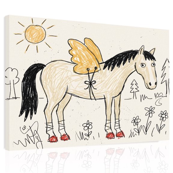 Winged Horse Canvas Print Wall Art Playful Hand Drawn Doodle Sun Pine Trees Wildflower Wall Decor Modern Artwork Paintings Pictures for Living Room Stretched and Framed Ready to Hang - 12" x 16"