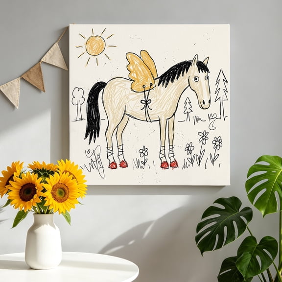 Winged Horse Canvas Wall Art for Living Room, Playful Hand Drawn Doodle Sun Pine Trees Wildflower Poster Print Painting for Nightstand Bathroom Collage Decoration Wall Pictures Prepare To Hang 8"x8"