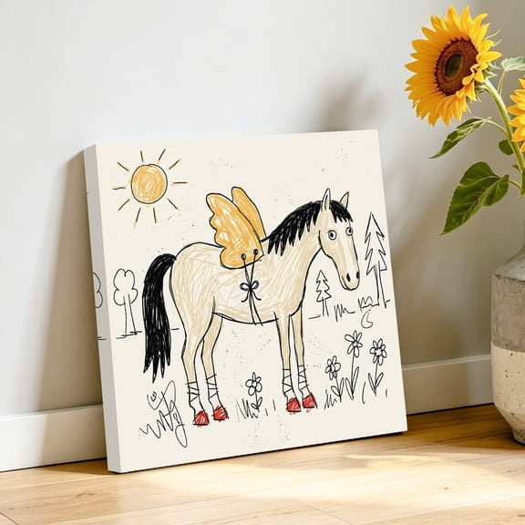 Winged Horse Canvas Wall Art, Playful Hand Drawn Doodle Sun Pine Trees Wildflower Pictures Wall Decor Wooden Framed Artwork Art Prints for Living Room Hallway Bedroom Office 8"x8"
