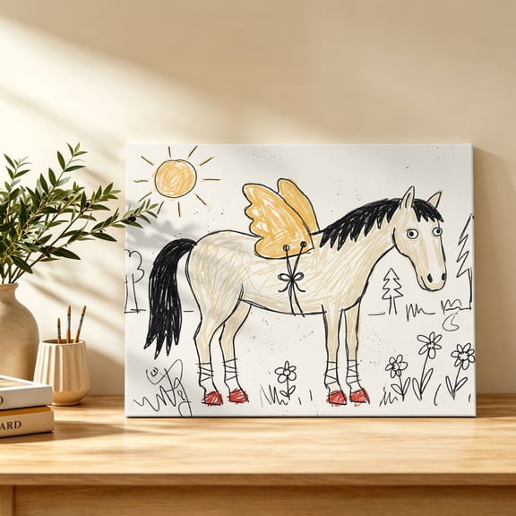 Winged Horse Canvas Wall Art, Playful Hand Drawn Doodle Sun Pine Trees Wildflower Wall Art Prints Artwork Framed Canvas Ready to Hang Art Pictures for Bathroom Bedroom Entry Desk Corner 10" x 8"