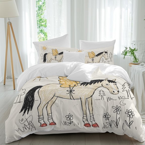 Winged Horse Comforter Set King Size, Playful Hand Drawn Doodle Sun Pine Trees Wildflower Soft Bedding Set for Man Woman, 4 Pieces Duvet Cover Set with Fitted Sheet, 2 Pillowcases