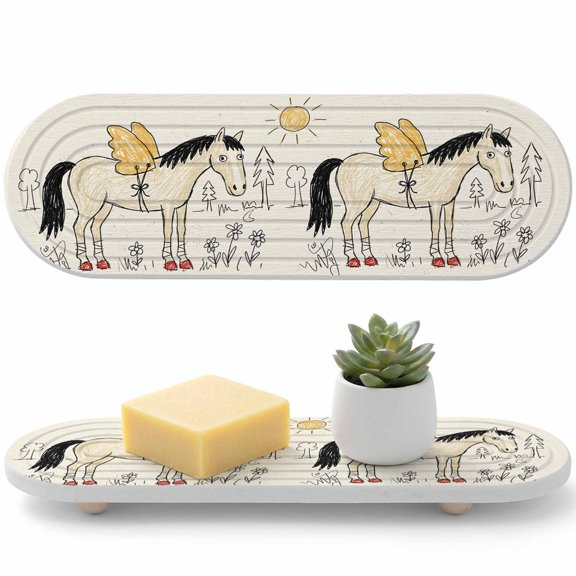 Winged Horse Diatomaceous Earth Coasters, Playful Hand Drawn Doodle Sun Pine Trees Wildflower Water Absorbent Diatomite Coaster, Bathroom Tray Stone Dish Drying Mat Kitchen Sink Tray 12x4in