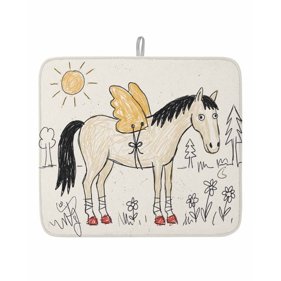 Winged Horse Dish Drying Mat 16x18 inch Playful Hand Drawn Doodle Sun Pine Trees Wildflower Super Absorbent Microfiber Dish Drying Pad for Kitchen Countertops Sink Dish Drainer Racks 1 Pack