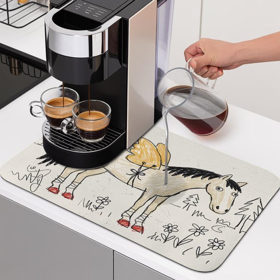 Winged Horse Dish Drying Mats for Kitchen Counter, Playful Hand Drawn Doodle Sun Pine Trees Wildflower Absorbent Coffee Bar Mat with Non-slip Rubber Backed Quick Drying Dish Rack Pad 12"x16"