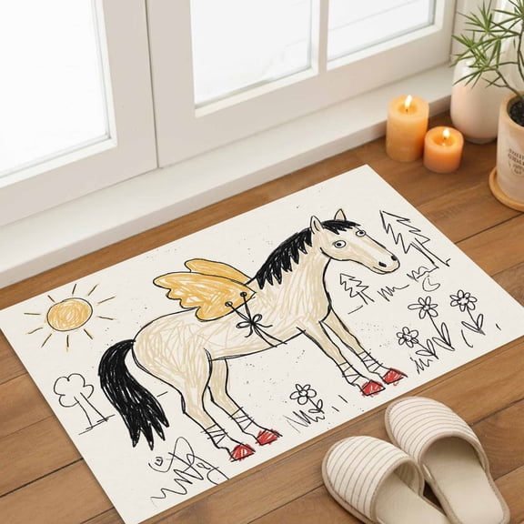 Winged Horse Door Mat Playful Hand Drawn Doodle Sun Pine Trees Wildflower Non Slip Absorbent Entrance Mat Washable Low Profile Indoor Doormat for Front Door Entryway Entry 16"x24"