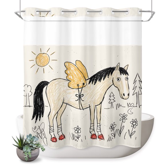 Winged Horse No Hook Shower Curtain Playful Hand Drawn Doodle Sun Pine Trees Wildflower Shower Curtain with Mesh Top Window, Waterproof Washable Fabric Curtain for Bathroom Hotel Decor, 72Wx72L
