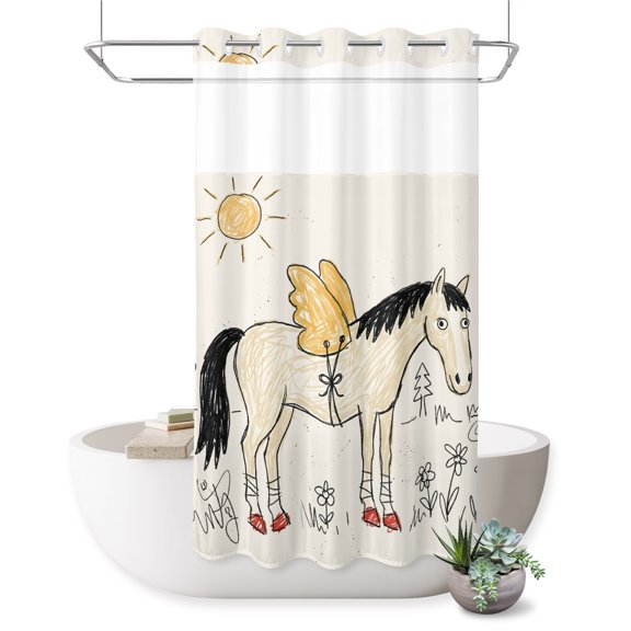 Winged Horse No Hook Shower Curtain Playful Hand Drawn Doodle Sun Pine Trees Wildflower Shower Curtain with Mesh Top Window, Waterproof Washable Fabric Curtain for Bathroom Hotel Decor, 36Wx72L