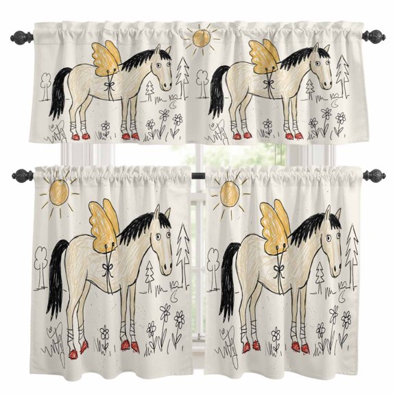 Winged Horse Kitchen Curtains and Valances Set, Playful Hand Drawn Doodle Sun Pine Trees Wildflower 3 Piece Curtains Valances and Tiers Set Rod Pocket for Kitchen Bathroom Windows 24 Inch