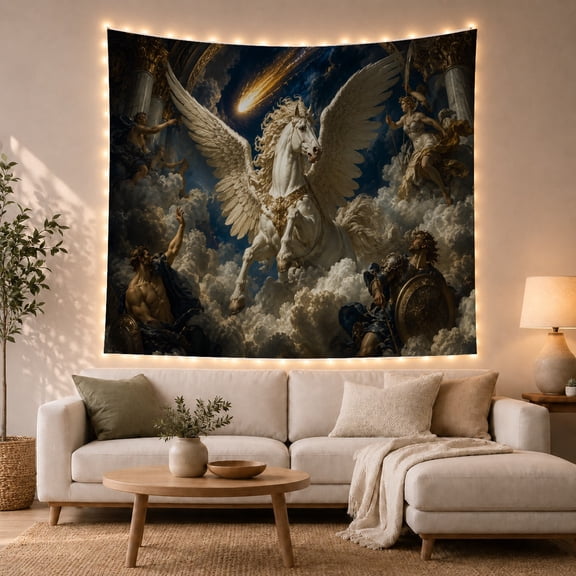 Winged Horse and Meteor in Turbulent Sky, Dramatic Classical Fantasy for Art Lovers, Classical Mythological Art, Housewarming Gift, Tapestry Wall Hanging for Bedroom and Living Room