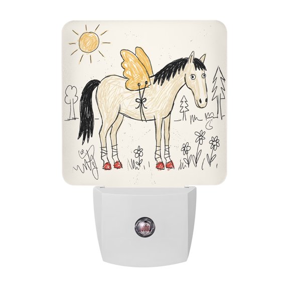Winged Horse Night Light, Playful Hand Drawn Doodle Sun Pine Trees Wildflower Plug in Night Lights with Dusk to Dawn Sensor, Energy Saving Black LED Nightlight for Bedroom Bathroom, Auto On/Off