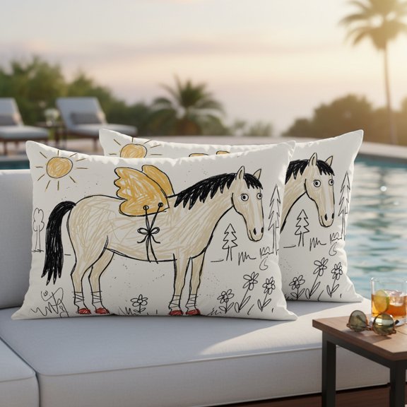 Winged Horse Outdoor Throw Pillow Covers Set of 2, Playful Hand Drawn Doodle Sun Pine Trees Wildflower Waterproof Pillow Covers Protectors with Hidden Zipper for Garden Couch Bench 20x12in