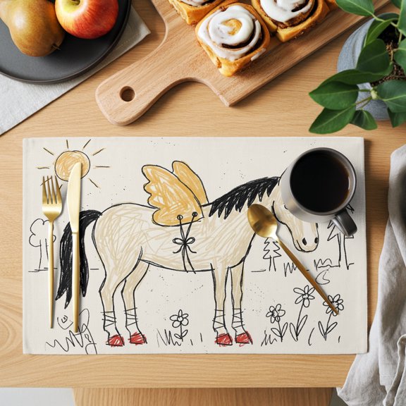 Winged Horse Placemats Set of 6 Playful Hand Drawn Doodle Sun Pine Trees Wildflower Heat Insulation Non-Slip Place Mats Washable Table Mats for Dining room Party Kitchen Decor, 13 x 19 Inches