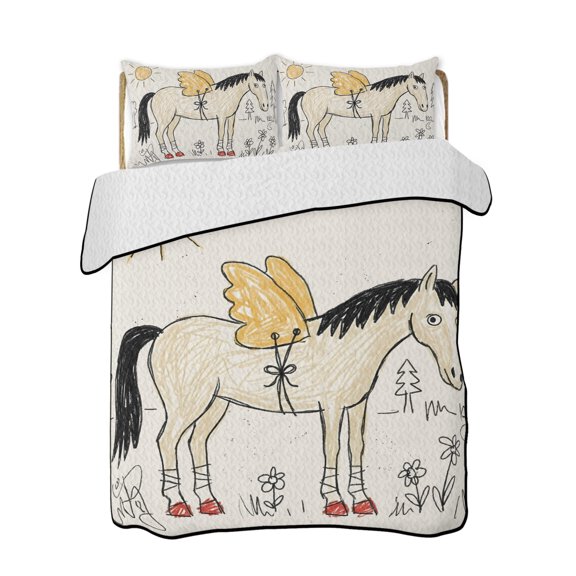 Winged Horse Quilts Bedding Set California King Playful Hand Drawn Doodle Sun Pine Trees Wildflower Lightweight Quilted Bedspread 3 Piece Bed Quilt with 2 Pillow Shams for Bedroom 96" x 106"