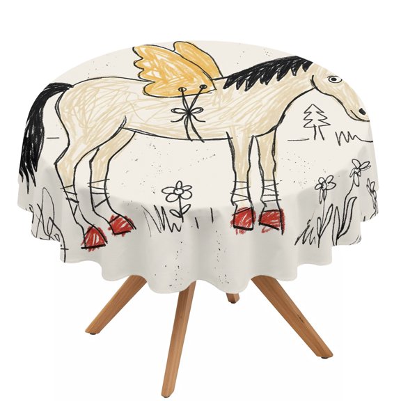Winged Horse Round Tablecloth 54 inches Playful Hand Drawn Doodle Sun Pine Trees Wildflower Waterproof Oil-Proof Table Cloth Round Table Cover for Holiday Party Picnic Dinner Decor Indoor Outdoor Use
