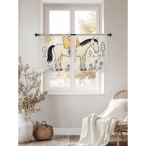 Winged Horse Sheer Curtains 45 inches Long 2 Panels Set Playful Hand Drawn Doodle Sun Pine Trees Wildflower Tiers Sheers Rod Pocket Small Window Short Curtains for Kitchen Cafe, Each 52" W x 45" L