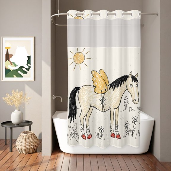 Winged Horse Shower Curtain, Playful Hand Drawn Doodle Sun Pine Trees Wildflower Waterproof No Hooks Bath Shower Curtain with See Through Top Window for Bathroom Bathtub 36x72in
